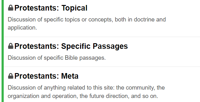 
The forum categories for the Protestants community section
